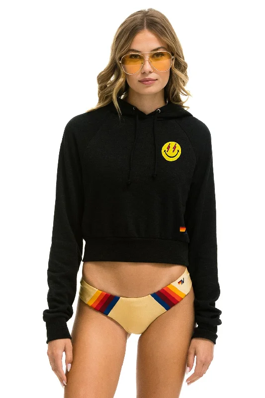 SMILEY BOLT EYES CROPPED HOODIE - BLACK Hoodie with Half-Zip Sporty Casual