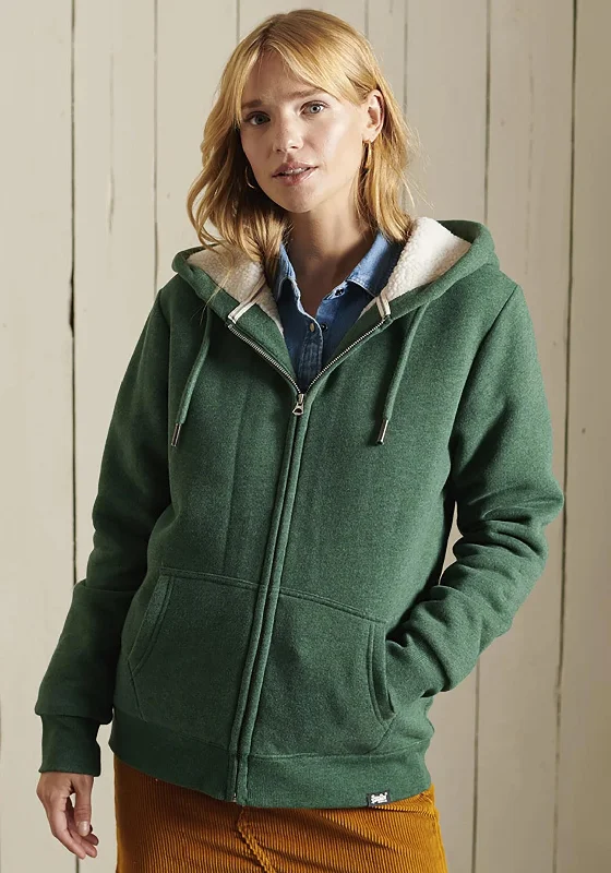 Superdry Womens Borg Lined Zipped Hoodie, Green Oversized Hoodie Comfort Casual