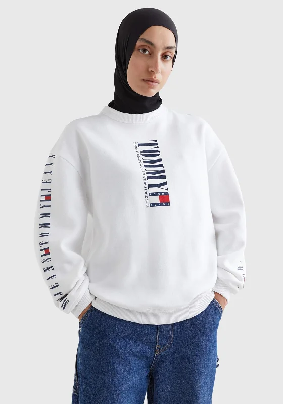 Tommy Jeans Womens Archive Crew Sweatshirt, White Hoodie with Mesh Breathable Sporty Tommy Jeans Womens Archive Crew Sweatshirt, White Hoodie with Mesh Breathable Sporty