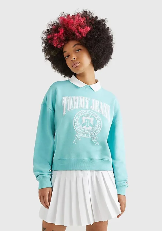 Tommy Jeans Womens Varsity Polo Sweatshirt, Ocean Tide Hoodie with Set-In Sleeves Structured Classic Tommy Jeans Womens Varsity Polo Sweatshirt, Ocean Tide Hoodie with Set-In Sleeves Structured Classic