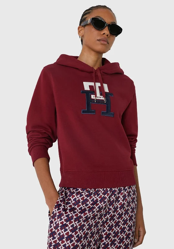 Tommy Hilfiger Womens Terry Monogram Hoodie, Rouge Hoodie with Hem Patch Decorative Personalized Tommy Hilfiger Womens Terry Monogram Hoodie, Rouge Hoodie with Hem Patch Decorative Personalized