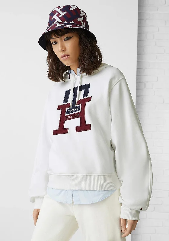 Tommy Hilfiger Womens Terry Monogram Hoodie, White Hoodie with Button Placket Classic Preppy Tommy Hilfiger Womens Terry Monogram Hoodie, White Hoodie with Button Placket Classic Preppy