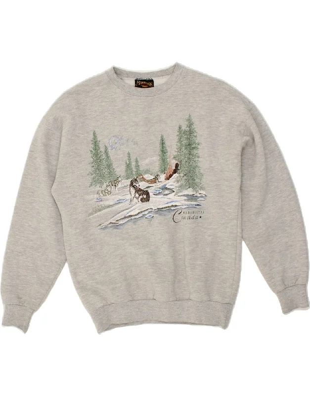VINTAGE Mens Graphic Sweatshirt Jumper Medium Grey Hoodie with High-Low Hem Asymmetrical Trendy VINTAGE Mens Graphic Sweatshirt Jumper Medium Grey Hoodie with High-Low Hem Asymmetrical Trendy