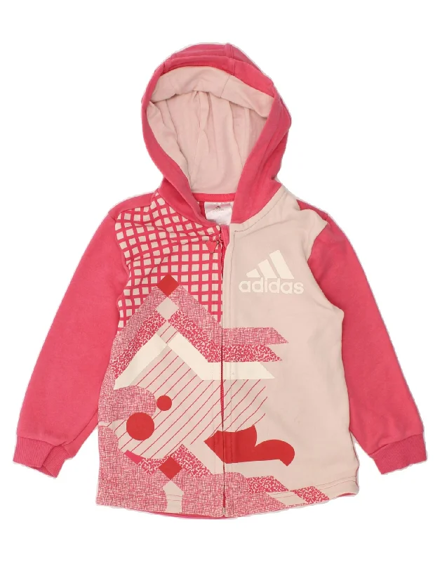 ADIDAS Girls Graphic Zip Hoodie Sweater 2-3 Years Pink Colourblock Cotton Knit Fabric Woven Fabric Fleece Fabric