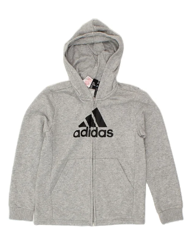 ADIDAS Girls Graphic Zip Hoodie Sweater 9-10 Years Grey Cotton Satin Blend Silk Blend Wool Blend