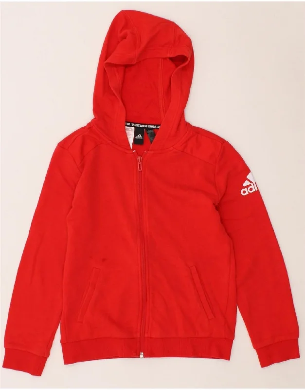 ADIDAS Girls Graphic Zip Hoodie Sweater 9-10 Years Red Ribbed Striped Patterned