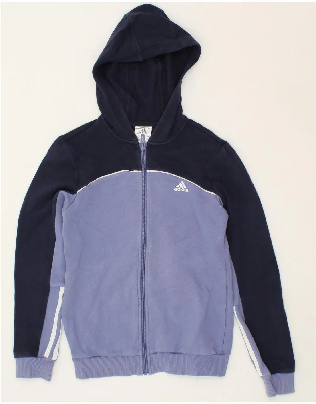 ADIDAS Girls Zip Hoodie Sweater 11-12 Years Navy Blue Colourblock Cotton Cashmere Blend Cotton Blend Poly Blend
