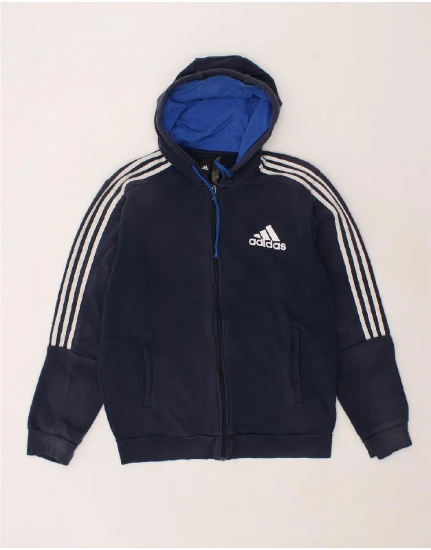 ADIDAS Mens Zip Hoodie Sweater Medium Navy Blue Cotton Ribbed Striped Patterned