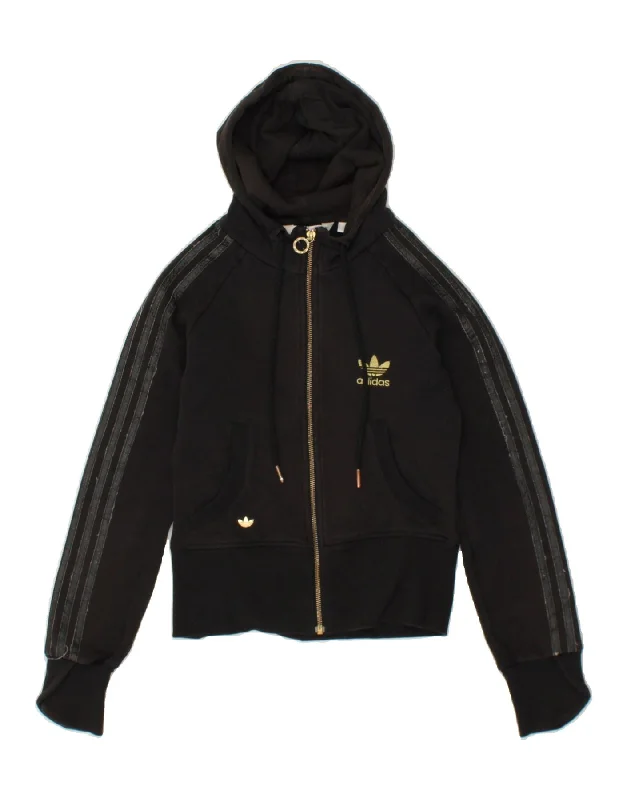 ADIDAS Womens Crop Graphic Zip Hoodie Sweater UK 8 Small  Black Cotton Bright Pastel Dark