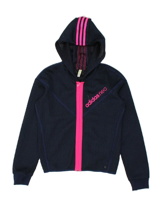 ADIDAS Womens Neo Zip Hoodie Sweater UK 10 Small Navy Blue Polyester Seamless Knitted Crochet