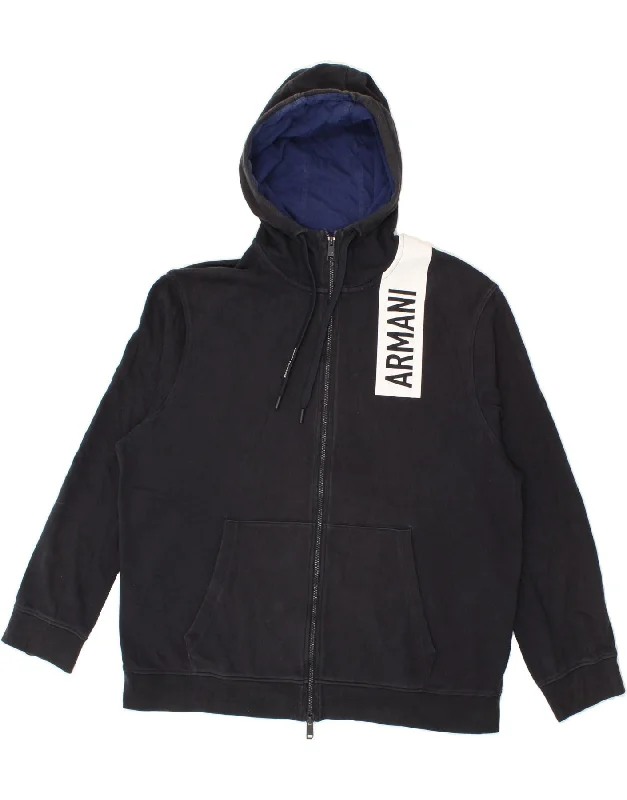 ARMANI EXCHANGE Mens Graphic Zip Hoodie Sweater 2XL Navy Blue Cotton Handmade Hand-knitted Hand-woven