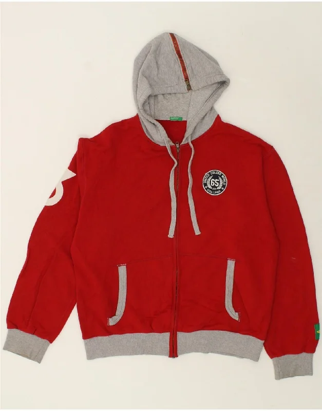 BENETTON Mens Graphic Zip Hoodie Sweater Large Red Colourblock Cotton Chenille Brocade Lace BENETTON Mens Graphic Zip Hoodie Sweater Large Red Colourblock Cotton Chenille Brocade Lace