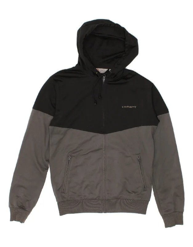 CARHARTT Mens Zip Hoodie Sweater XS Black Colourblock Polyester Embroidered Appliqued Beaded