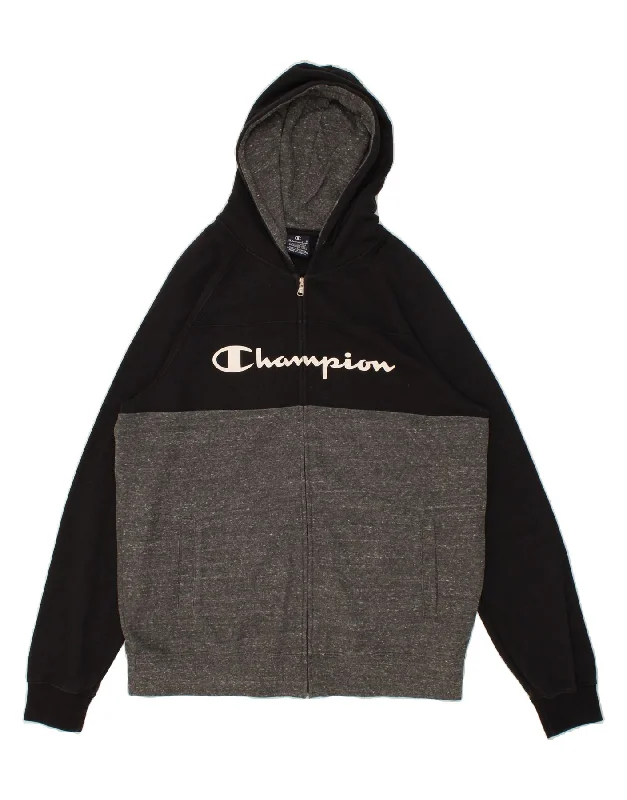 CHAMPION Mens Graphic Zip Hoodie Sweater 2XL Black Colourblock Solid Print Embellished