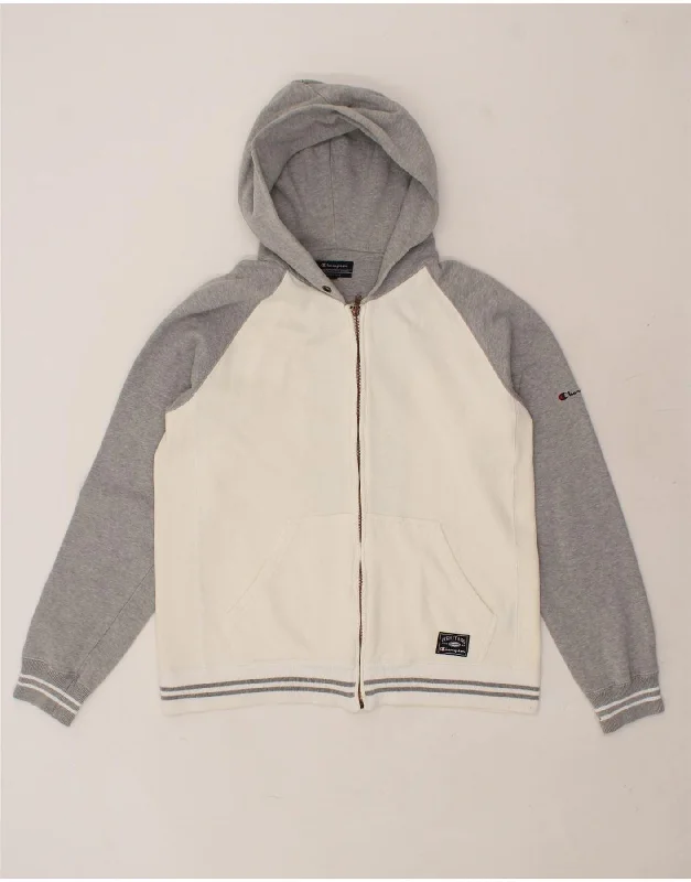 CHAMPION Mens Zip Hoodie Sweater Large Grey Colourblock Cotton Ribbed Striped Patterned