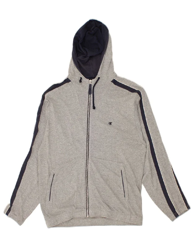 CHAMPION Mens Zip Hoodie Sweater Large Grey Flecked Cotton Faux Fur Fabric Real Fur Fabric Shearling Fabric