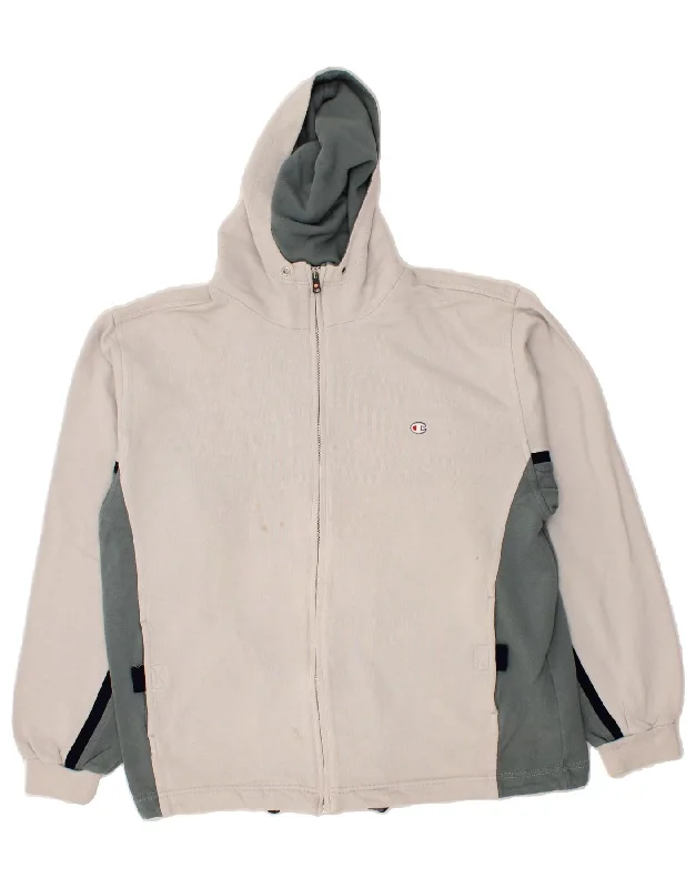 CHAMPION Mens Zip Hoodie Sweater Medium Grey Colourblock Cotton Toggled Drawstring Belted