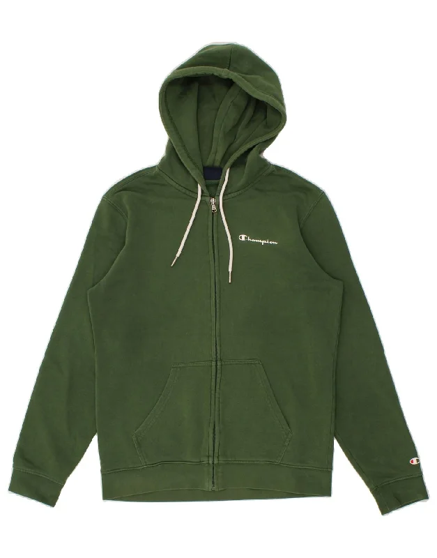 CHAMPION Mens Zip Hoodie Sweater Small Green Cotton Thin Thick Dense