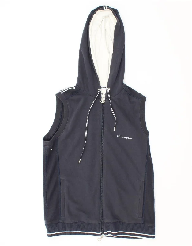 CHAMPION Womens Sleeveless Zip Hoodie Sweater UK 14 Large Navy Blue Cotton Iron Safe Non-Iron Wrinkle Free