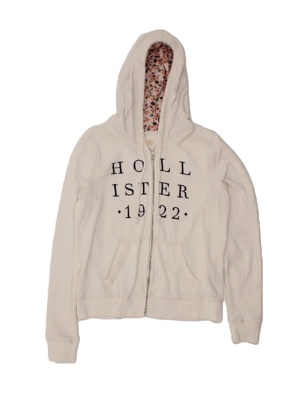 HOLLISTER Womens Graphic Zip Hoodie Sweater UK 16 Large White Cotton Denim Fabric Leather Fabric Suede Fabric