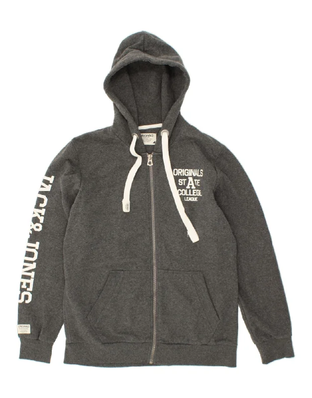 JACK & JONES Mens Graphic Zip Hoodie Sweater XL Grey Cotton Wool Fabric Cashmere Fabric Tweed Fabric