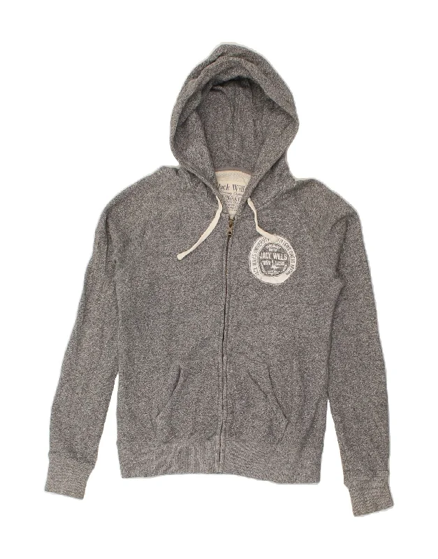 JACK WILLS Womens Graphic Zip Hoodie Sweater UK 12 Medium Grey Cotton Stylish Fashionable Trendy