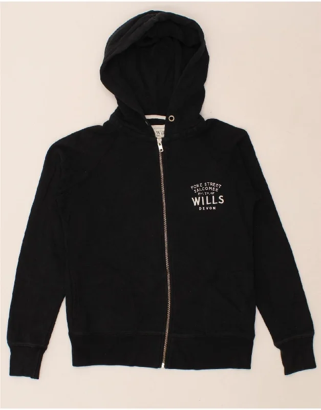 JACK WILLS Womens Graphic Zip Hoodie Sweater UK 8 Small  Black Cotton Satin Fabric Silk Fabric Chiffon Fabric