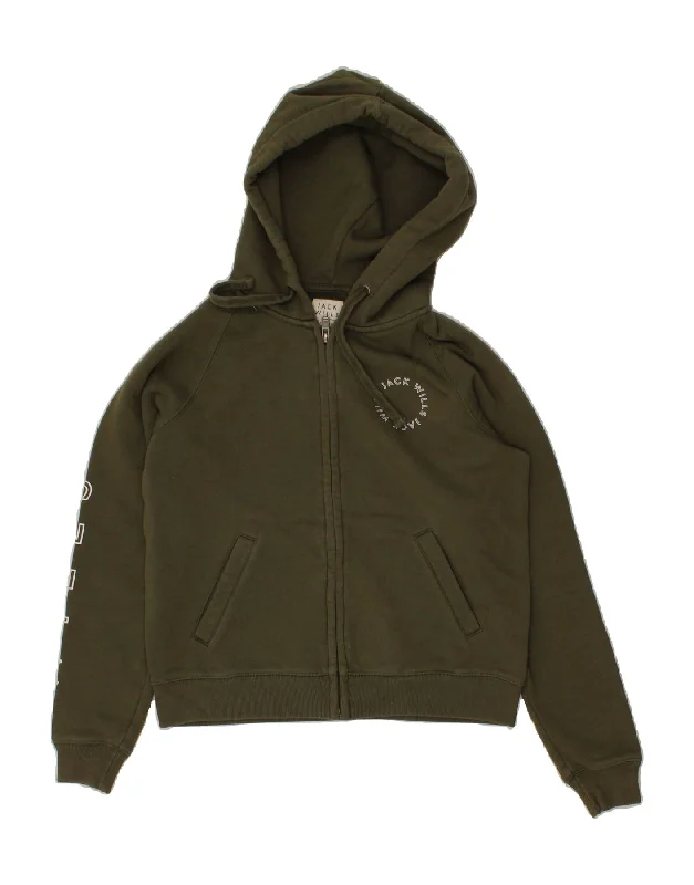 JACK WILLS Womens Oversized Graphic Zip Hoodie Sweater UK 10 Small Khaki Striped Floral Plaid