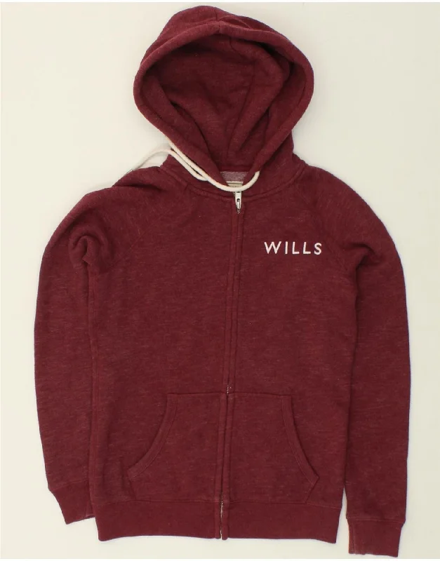 JACK WILLS Womens Oversized Zip Hoodie Sweater UK 8 Small Maroon Cotton Cotton Fabric Linen Fabric Terry Fabric