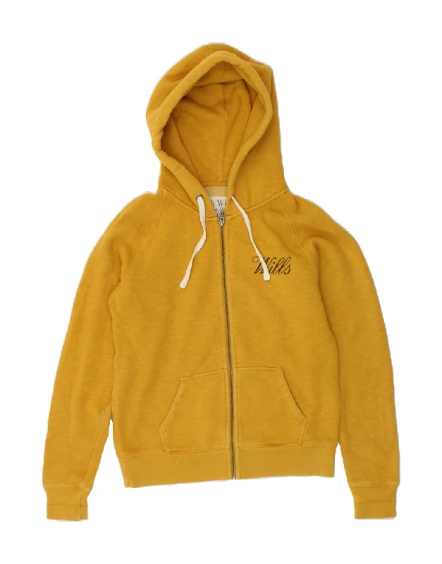 JACK WILLS Womens Zip Hoodie Sweater UK 12 Medium Yellow Cotton Fleece Fabric Down Fabric Feather Fabric