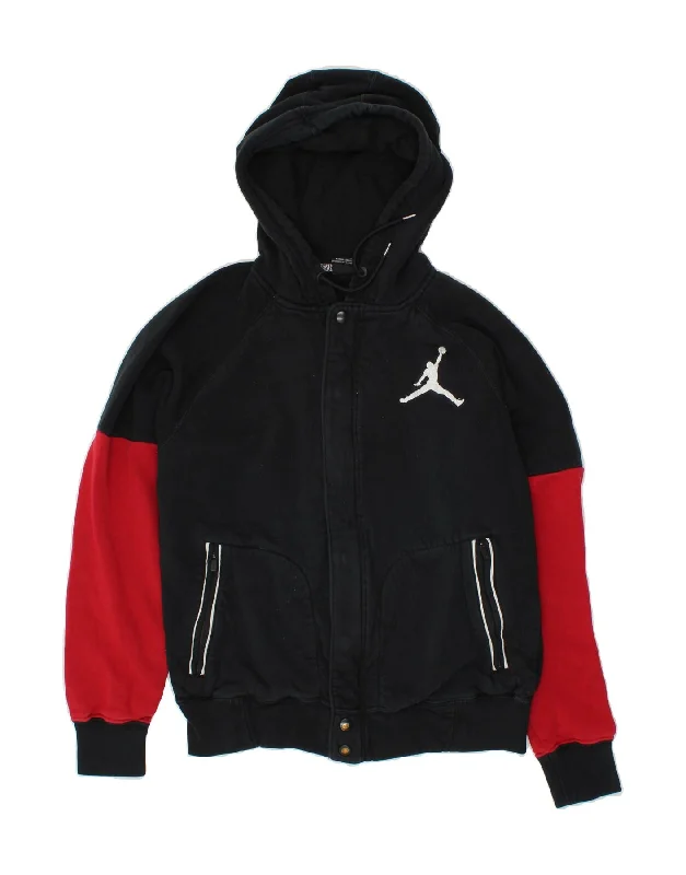 JORDAN Mens Zip Hoodie Sweater Medium Black Colourblock Cotton Print Jacquard Patchwork