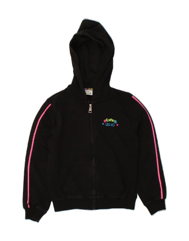 LIU JO Girls Graphic Zip Hoodie Sweater 9-10 Years Black Cotton Hooded Caped Shawl Collar
