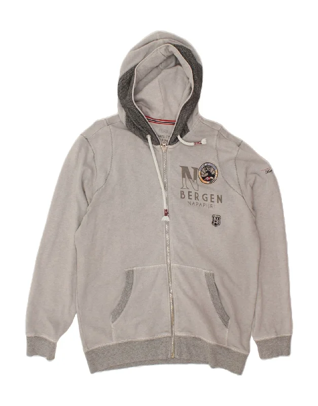 NAPAPIJRI Mens Graphic Zip Hoodie Sweater 2XL Grey Colourblock Cotton Fleece Sweater Nylon Polyester