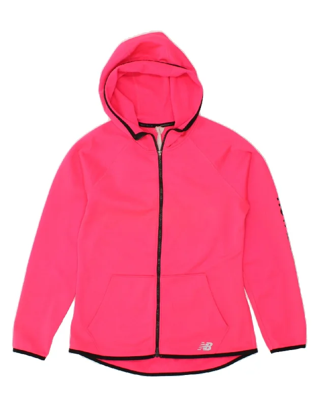 NEW BALANCE Womens Graphic Zip Hoodie Sweater UK 12 Medium Pink Glossy Satin Silk