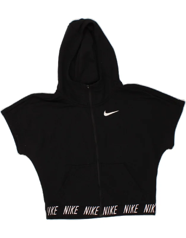 NIKE Girls Dri Fit Short Sleeve Zip Hoodie Sweater 12-13 Years Large Black Collared Crew Neck Turtle Neck