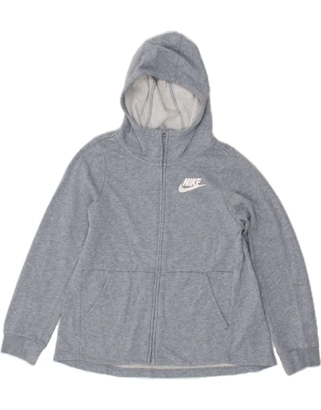 NIKE Girls Zip Hoodie Sweater 12-13 Years Large  Grey Cotton Bright Pastel Dark