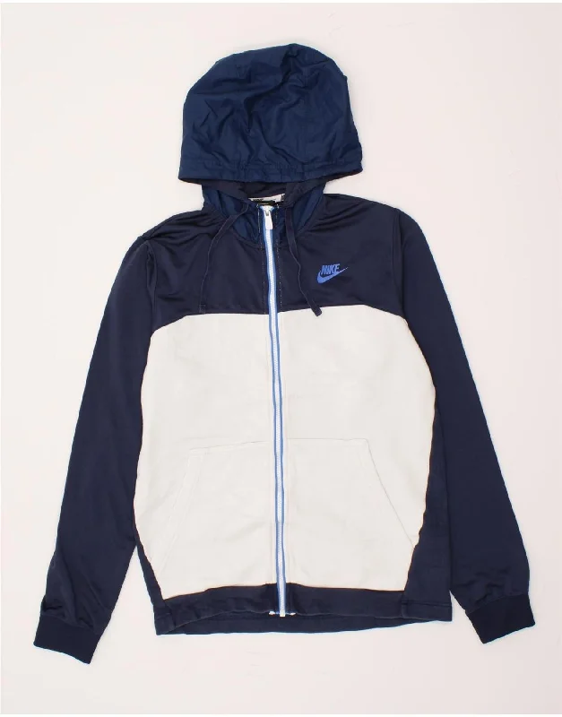 NIKE Mens Graphic Zip Hoodie Sweater Small Navy Blue Colourblock Cotton Front Pockets Side Pockets Patch Pockets