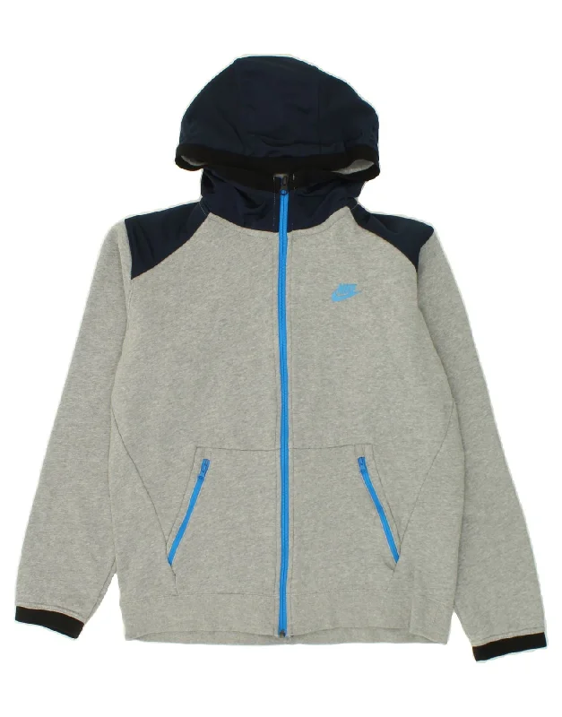 NIKE Mens Zip Hoodie Sweater Large Grey Colourblock Cotton Boat Neck Shawl Collar Notched Collar