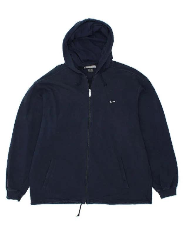 NIKE Mens Zip Hoodie Sweater UK 45/47 XL Navy Blue Cotton Herringbone Houndstooth Plaid