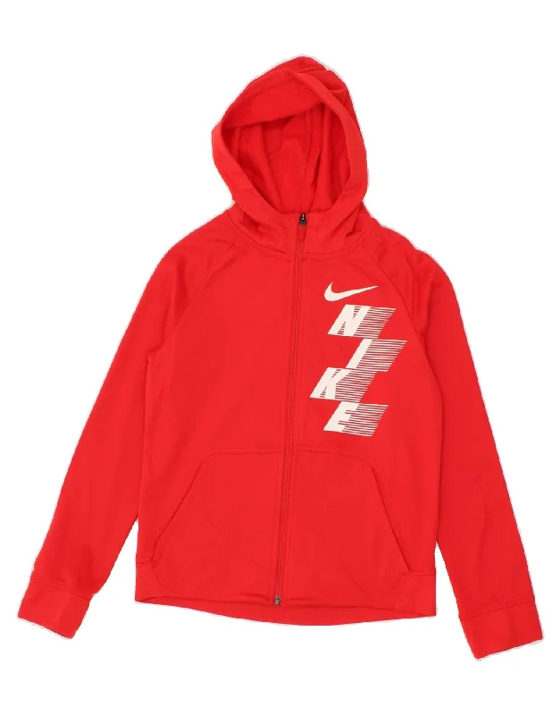NIKE Womens Dri Fit Graphic Zip Hoodie Sweater UK 12 Medium Red Polyester Ribbed Striped Patterned