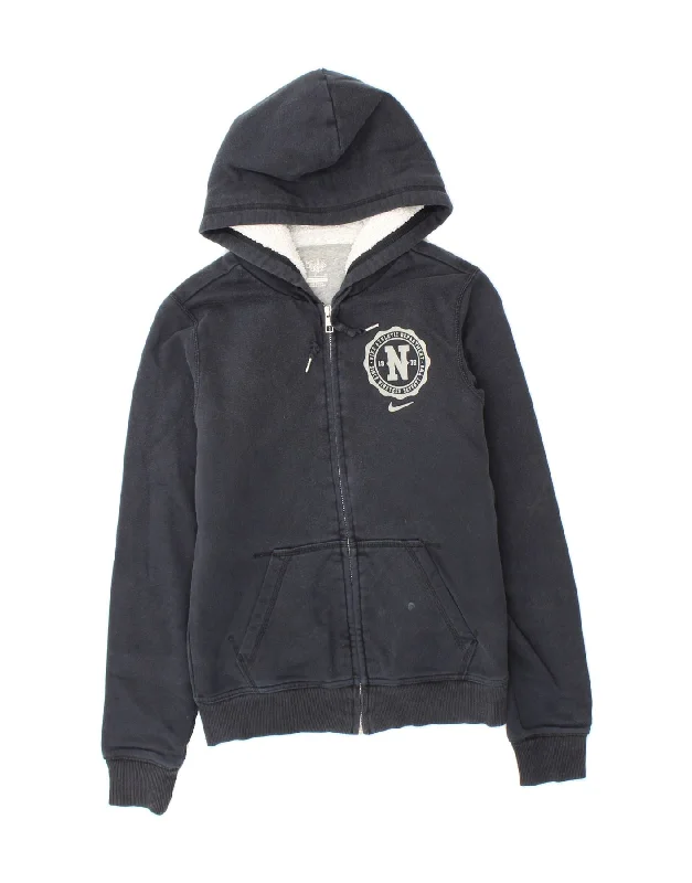 NIKE Womens Graphic Zip Hoodie Sweater UK 10 Small Navy Blue Cotton Fleece Sweater Nylon Polyester NIKE Womens Graphic Zip Hoodie Sweater UK 10 Small Navy Blue Cotton Fleece Sweater Nylon Polyester