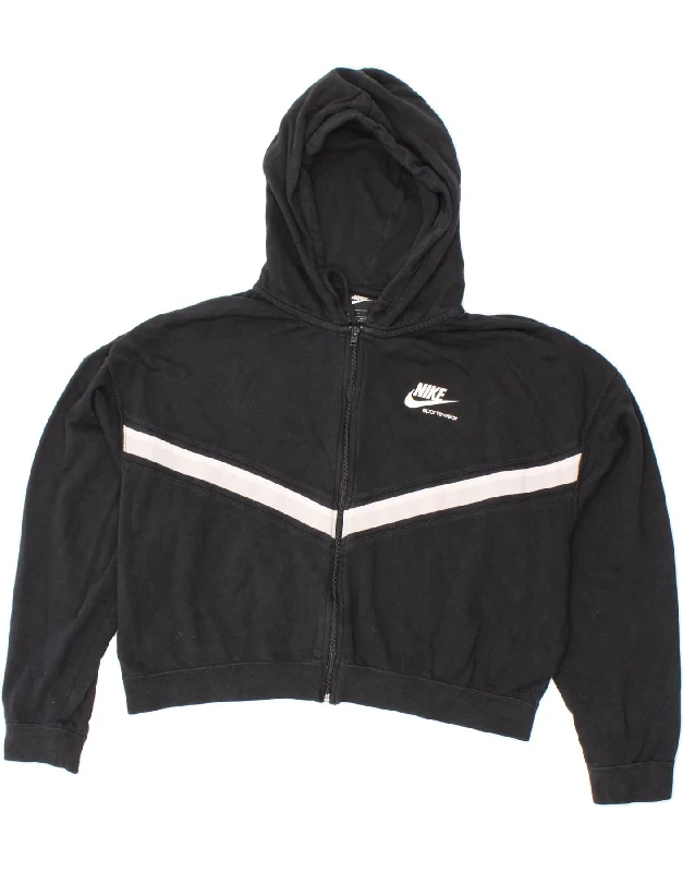 NIKE Womens Oversized Crop Zip Hoodie Sweater UK 16 Large Black Cotton Notch Collar Peter Pan Collar Cowl Neck