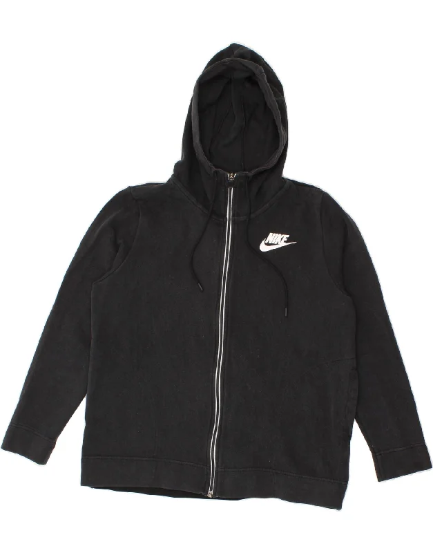 NIKE Womens Zip Hoodie Sweater UK 14 Medium Black Cotton Oversized Loose Flowy