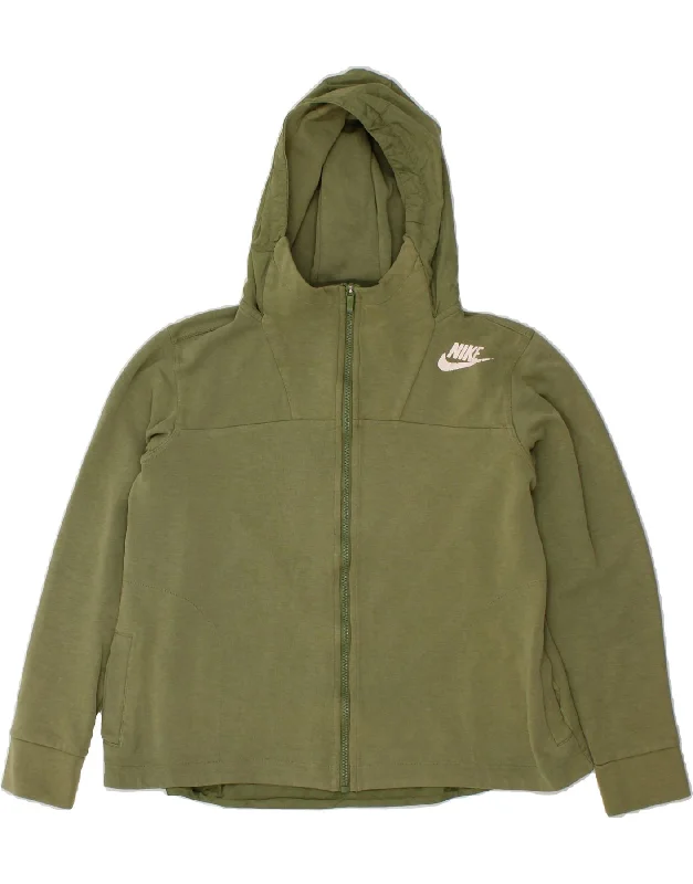 NIKE Womens Zip Hoodie Sweater UK 14 Medium Green Cotton Hooded Caped Shawl Collar