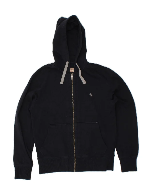 PENGUIN Mens Zip Hoodie Sweater Small Navy Blue Polyester Lace Blend Ribbed Blend Corduroy Blend
