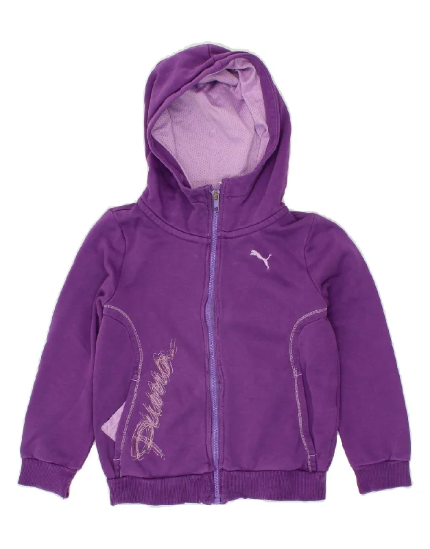 PUMA Girls Graphic Zip Hoodie Sweater 7-8 Years Small  Purple Chenille Blend Fleece Blend Nylon Blend