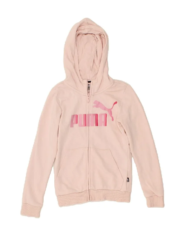PUMA Girls Graphic Zip Hoodie Sweater 9-10 Years Pink Cotton Spandex Rayon Corduroy