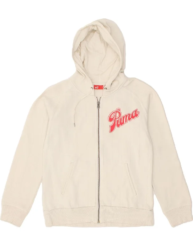 PUMA Womens Graphic Zip Hoodie Sweater UK 14 Medium Off White Cotton Lightweight Heavyweight Midweight PUMA Womens Graphic Zip Hoodie Sweater UK 14 Medium Off White Cotton Lightweight Heavyweight Midweight