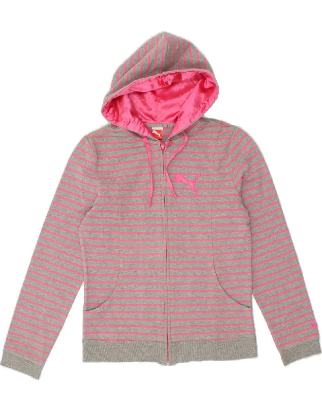 PUMA Womens Zip Hoodie Sweater UK 12 Medium  Pink Striped Transparent Opaque Sheer