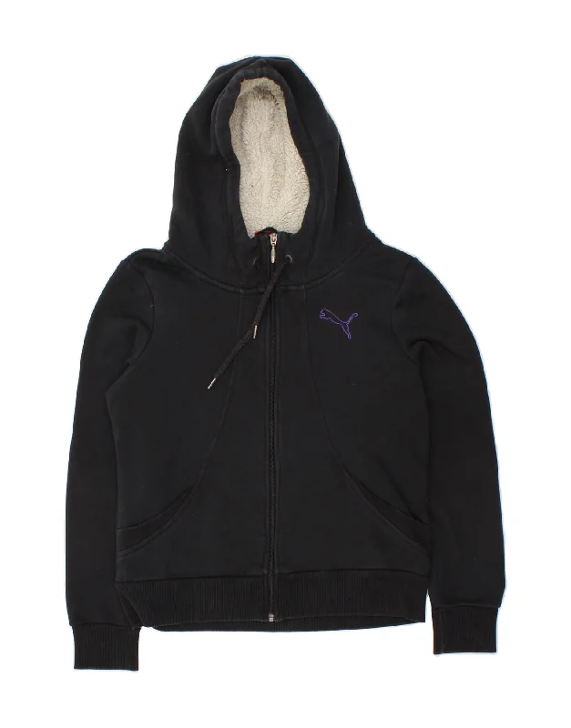 PUMA Womens Zip Hoodie Sweater UK 14 Large Black Cotton Boat Neck Shawl Collar Notched Collar